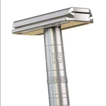 Metallic safety razor handle and head with engraved grip