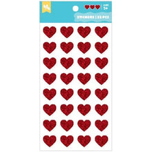 Sticker sheet with red holographic heart stickers in a grid layout