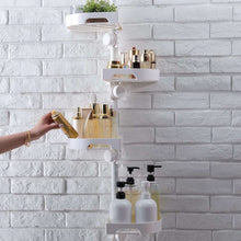 White 4-tier shower caddy on tension pole with guardrail and bottles on trays