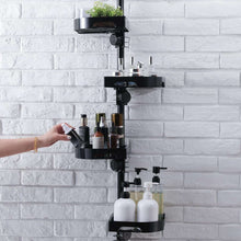 Black 4-tier shower caddy on tension pole with guardrail and bottles stored on trays
