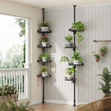 4-tier corner shower caddy on a black tension pole with plastic trays and guardrail