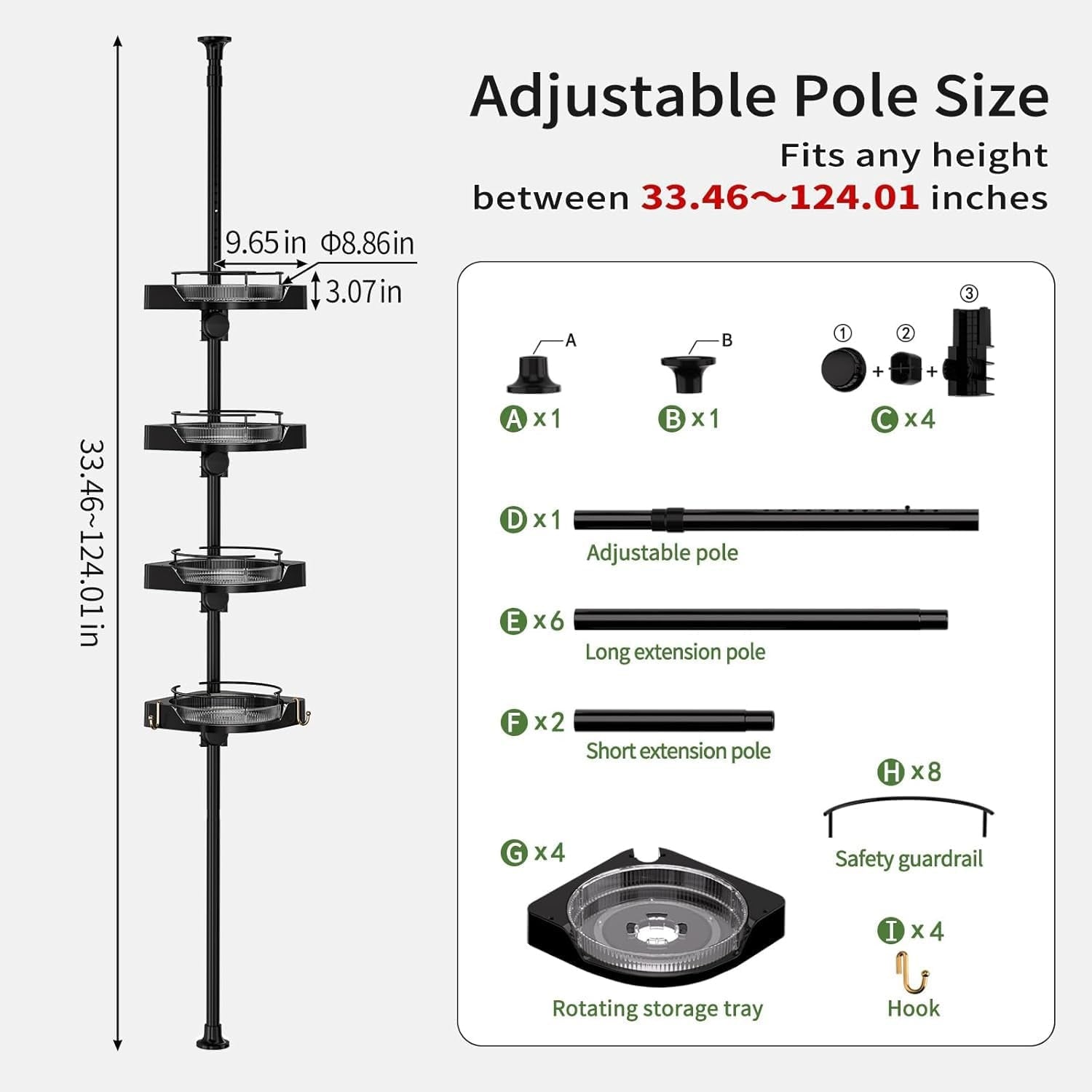 shuang qing 360°  Corner Shower Caddy Tension Pole Organizer - 4-Tier Adjustable Rustproof Metal Pole, Plastic Shelves with Safety Guardrail, Bathroom Storage for Shower & Bathtub