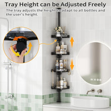 Adjustable-height 4-tier shower caddy with black trays on a tension pole