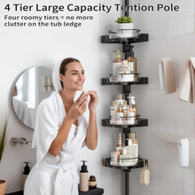 4-tier shower caddy with black metal tension pole, plastic trays, and safety guardrail