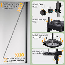 Adjustable tension-pole corner shower caddy with storage tray, guardrail, and 4 tiers