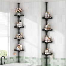 4-tier corner shower caddy with black tension pole, plastic trays, and safety guardrail