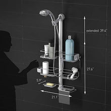 Stainless shower caddy with extended vertical supports and tiered wire shelves