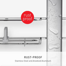 Stainless shower caddy with two wire shelves on an adjustable wall mount