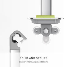 Adjustable shower caddy base with gray suction mounts under overhead shelf