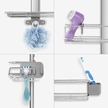 Adjustable shower caddy with soap holder, sponge, and two wire shelf rails