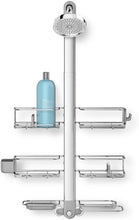 Stainless shower caddy with side shelves, soap tray, and showerhead-mounted bar