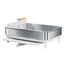 Stainless steel dish rack with white base and built-in knife block