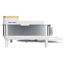 Stainless steel dish rack with white base, knife block, and side handle