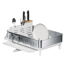 Stainless steel dish rack with white base, knife block with two black-handled knives