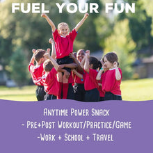 Anytime power snack promotional graphic with children jumping and protein balls messaging