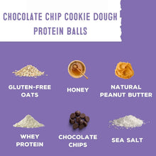 Protein balls pouch ingredient callouts: gluten-free oats, honey, peanut butter, chocolate chips