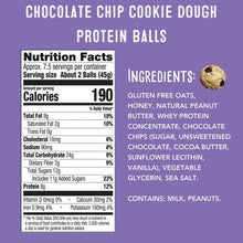 Nutrition facts panel for gluten-free chocolate chip cookie dough protein balls, 8 servings