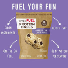 Protein balls pouch featuring chocolate chip cookie dough, gluten-free and 8g protein badges