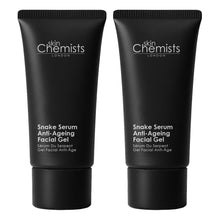 Two black Snake Serum anti-aging facial gel tubes, ribbed caps, front label visible
