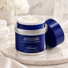 Marine collagen night moisturizer jar with white cream, blue lid