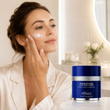 Marine collagen night moisturizer jar beside applied cream on face