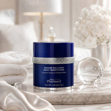 Marine collagen night moisturizer jar with blue lid on marble surface