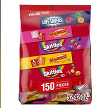 Candy variety pack bag with Life Savers, Starbursts, and Skittles wrappers, 150 pieces