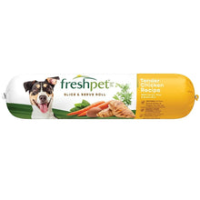 Dog food slice-and-serve roll, tender chicken recipe, yellow package with dog image
