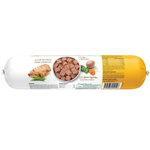 Dog food slice-and-serve roll back label on yellow package