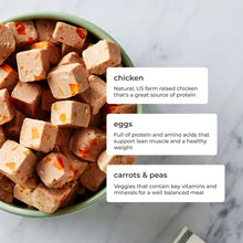 Bowl of diced dog food bites with chicken, egg, carrots, and peas