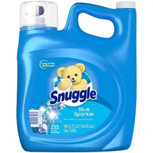 Blue liquid fabric softener bottle with handle grip and white cap