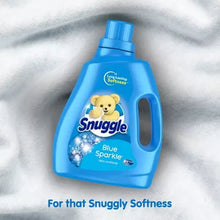 Blue liquid fabric softener bottle with teddy bear logo and blue sparkle graphic