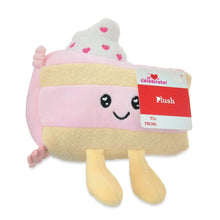 Pink strawberry cake plush with gift tag, smiling face, and pink heart sprinkles