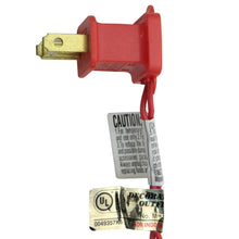 Red electrical plug and wire end with caution and UL labels