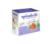 Spindrift sparkling water 24-pack assorted fruit can display in purple carton