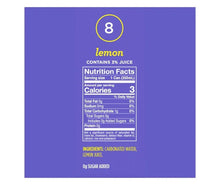 Spindrift sparkling water nutrition facts panel for lemon, contains 3% juice, 8 servings
