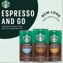 Starbucks Espresso and Cream 6.5 fl oz cans, green with brown espresso label.