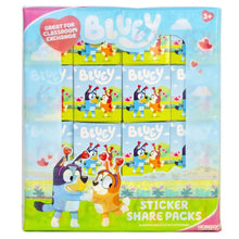 Bluey sticker share packs box with multiple mini sticker squares and Bluey characters