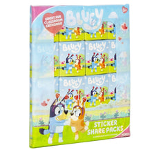 Bluey sticker share packs box showing Bluey and friend characters and sticker pack count