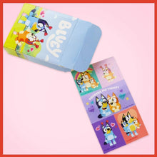 Bluey sticker share packs with two mini packs shown on a pink background