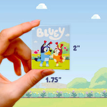 Bluey sticker share pack mini square featuring Bluey and friends, held in hand
