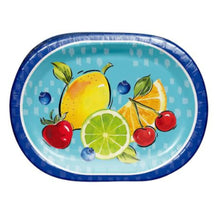 Oval paper plate with blue rim and fruit pattern of lemon, lime, cherries, blueberries, and orange slices