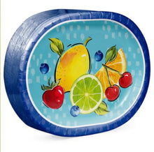 Oval paper plate with blue border and bright fruit print featuring lemon, lime, cherries, blueberries, and orange