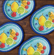 Set of oval paper plates with blue rims and fruit graphics (lemon, lime, cherries, blueberries, orange)