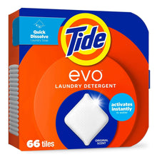 Laundry detergent fiber tiles box with Tide evo logo and 66 white tiles