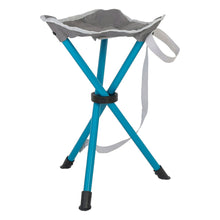 Lightweight camping stool with blue steel legs and dark gray fabric seat, folded up