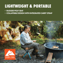 Collapsible camping stool with blue legs and gray fabric seat, with carry strap