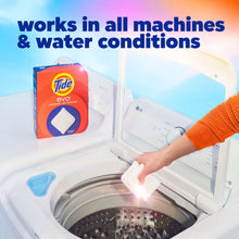 Laundry detergent fiber tile being placed into a washing machine with box