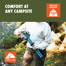 Camping stool with blue metal legs and gray fabric seat, held during packing