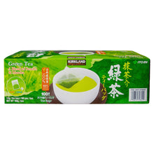 Green tea blend box with Kirkland logo and 100 tea bags graphic